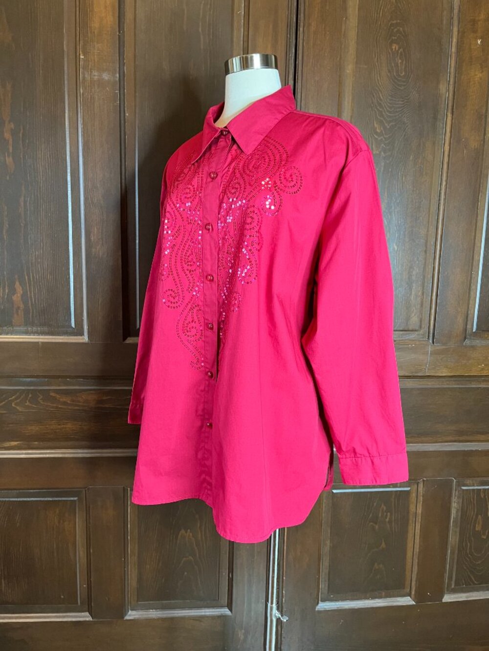 Bob Mackie Wearable Art Sequin Embellished Button Up Shirt Vibrant Red Holiday2X - Picture 5 of 11